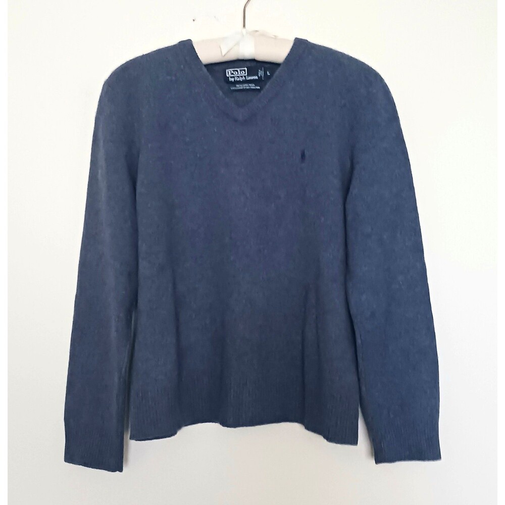 POLO Ralph Lauren Blue Gray 100% Lambswool V Neck Sweater Ladies L
